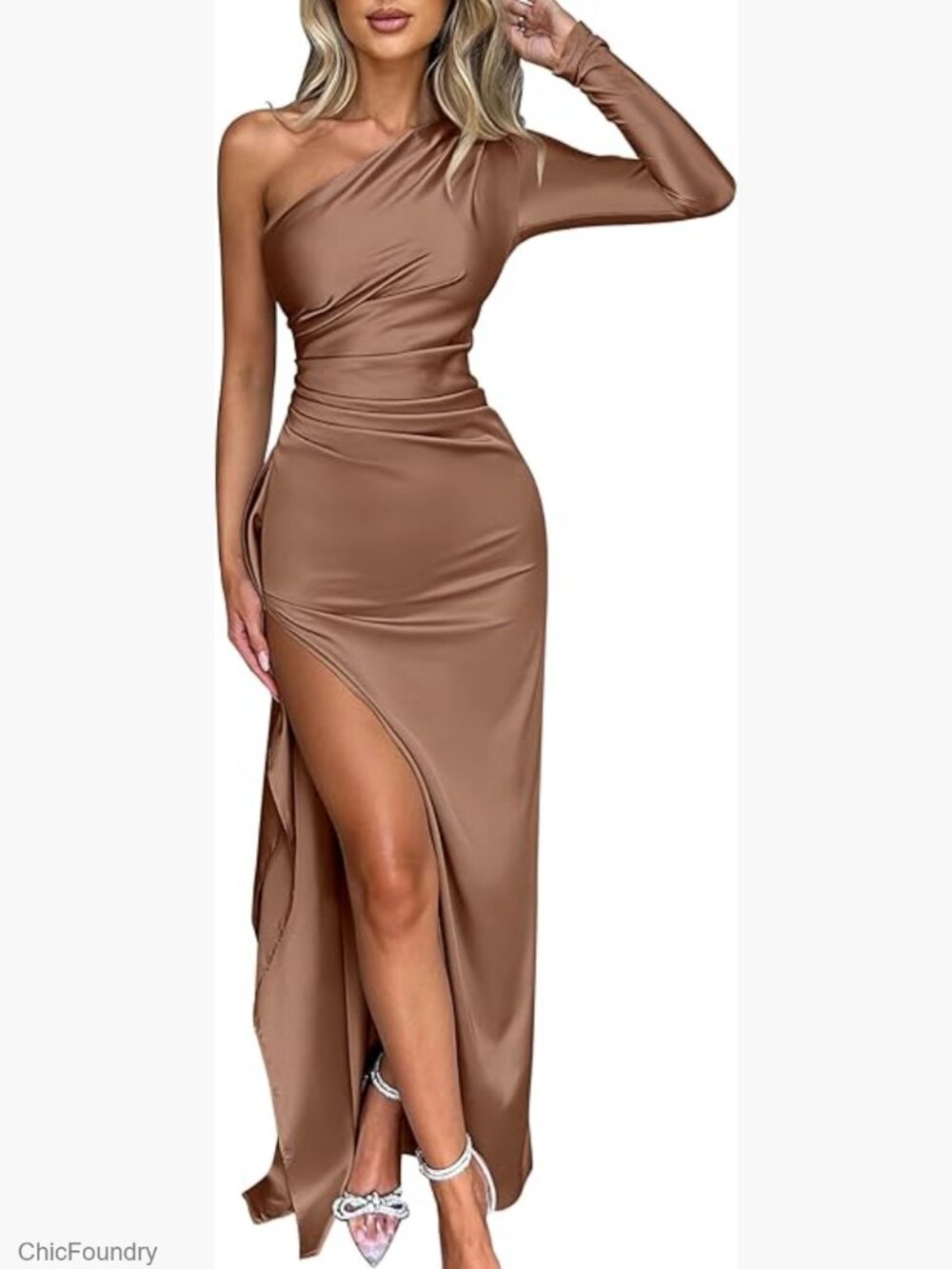 One Shoulder Sleeve Maxi Dress Wedding Guest Bodycon High Split Formal Cocktail